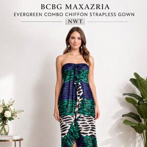 BCBG MaxAzria Evergreen Combo Strapless Chiffon Gown.